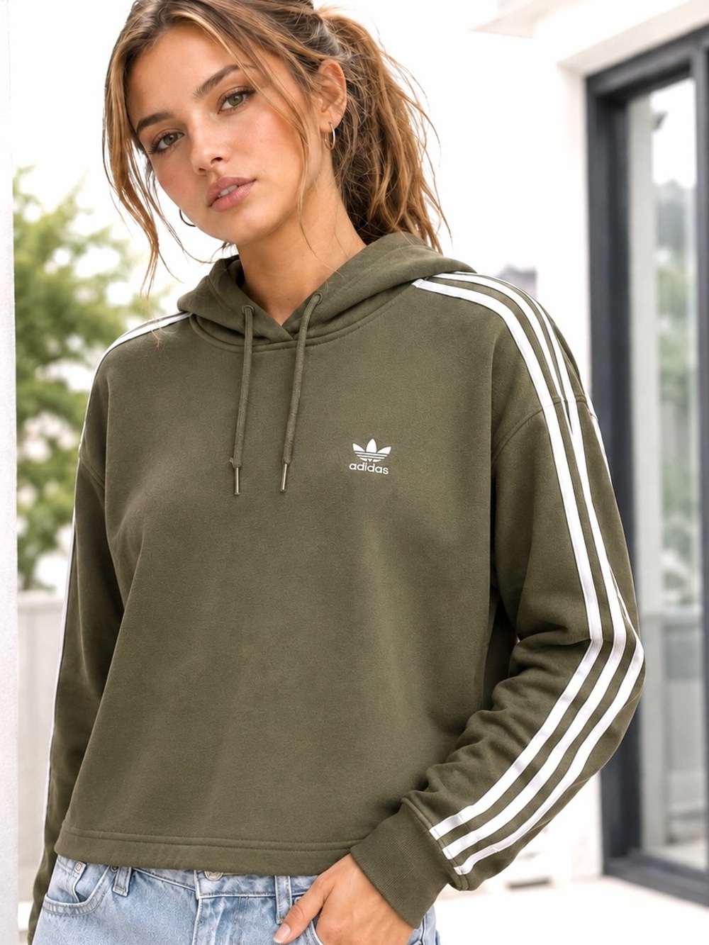 Adidas Olive Green Hoodie Women's Y2K Athleisure Sweatshirt Comfy Classic